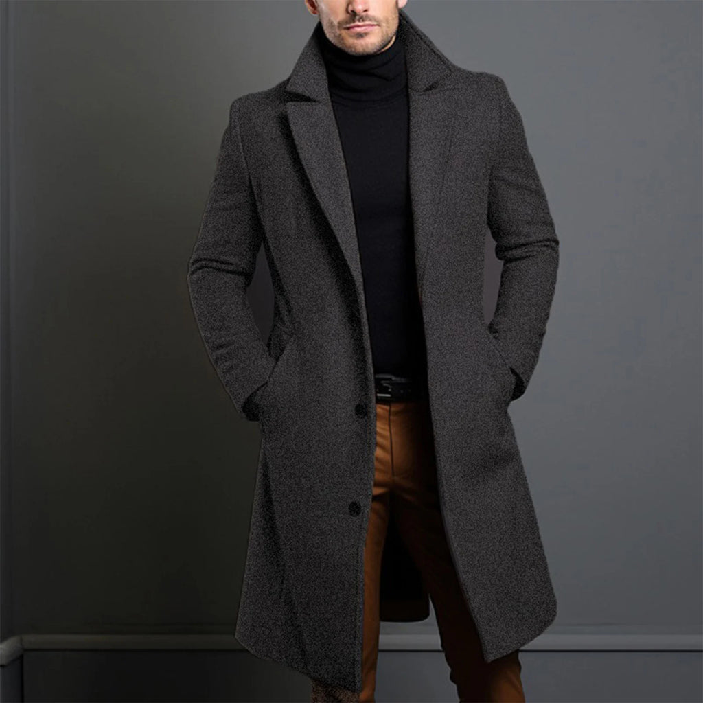 Men's Long Trench Coat – Elegant Single-Breasted Overcoat
