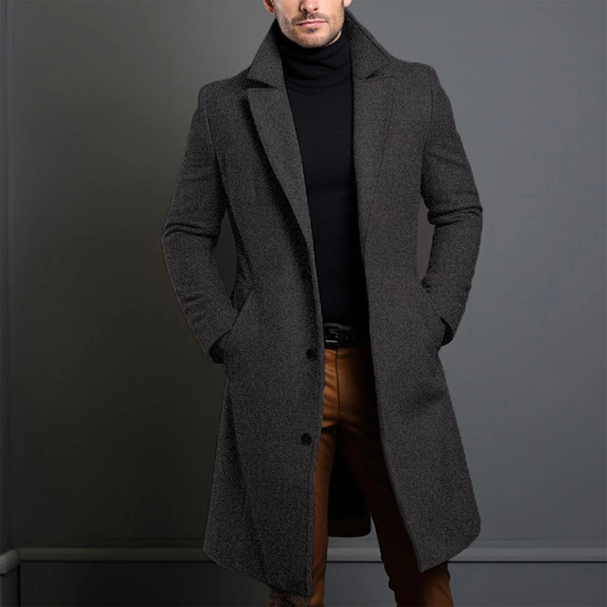 Men's Long Trench Coat – Elegant Single-Breasted Overcoat