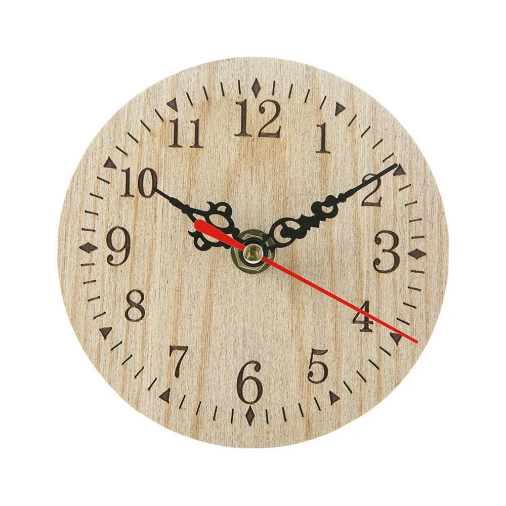 Retro Wooden Wall Clock Silent Quartz 12cm Vintage Round