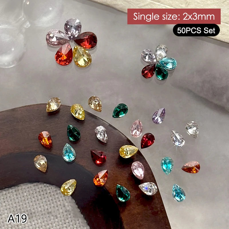 50Pcs Water Drop Zircon Nail Rhinestones 3D Flatback Crystal Gems