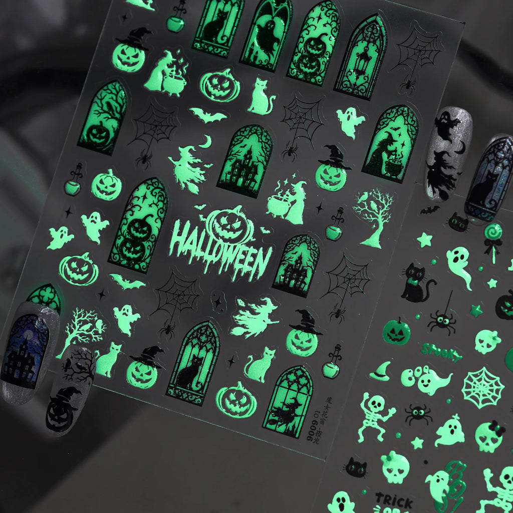 Halloween 3D Glow Nail Stickers – Pumpkin Ghost Spider Web Decals