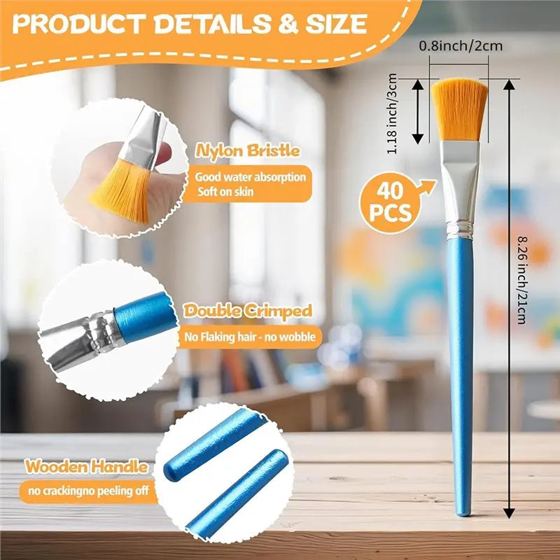 40-Piece Large Acrylic Paint Brush Set – 0.8" Flat Craft Brushes