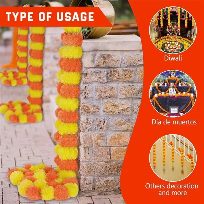 Artificial Marigold Garland 5Pcs 5 Ft – Orange & Yellow Décor