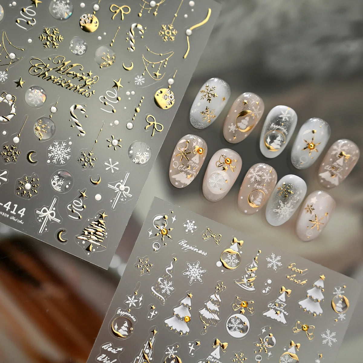 Christmas Metal Nail Stickers 3D Trees Snowflakes Snowmen DIY