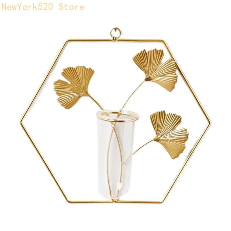 Wall Hanging Geometric Glass Vase with Gold Metal Frame Planter