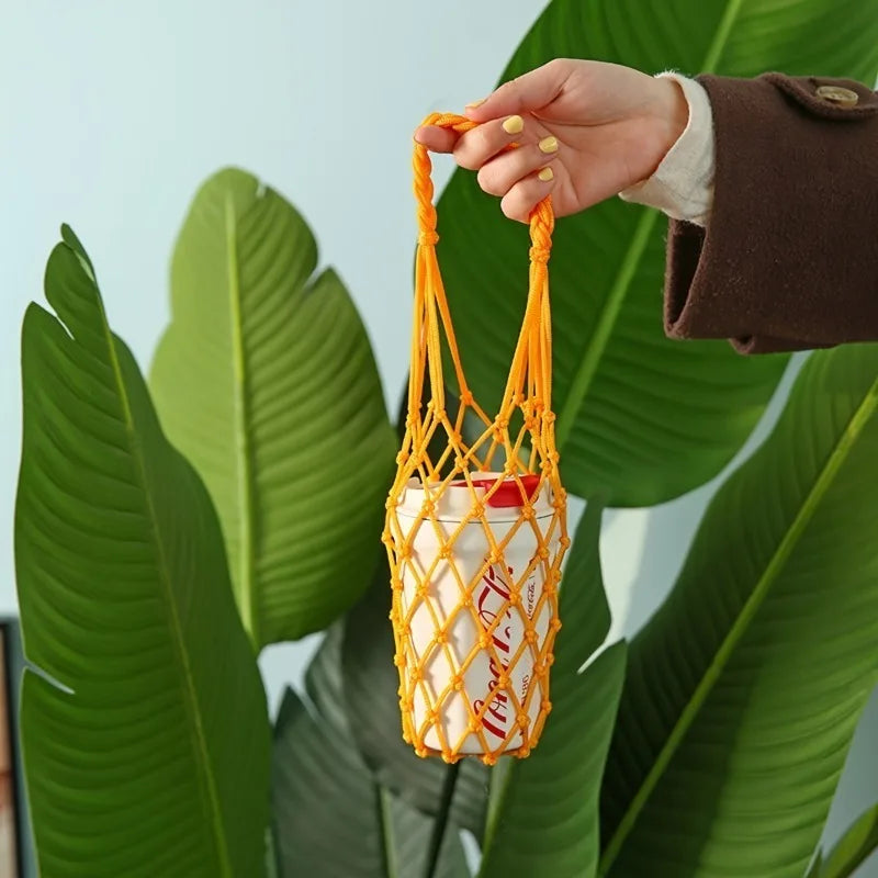 Handwoven Reusable Cylindrical Mesh Bottle Carrier Bag