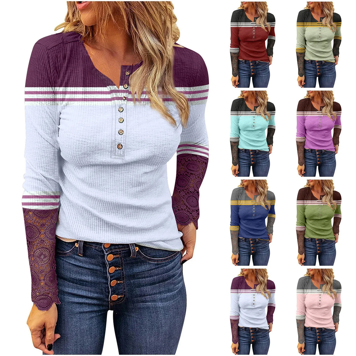 Women's Striped Henley Shirt – Long Sleeve Loose Tunic Blouse