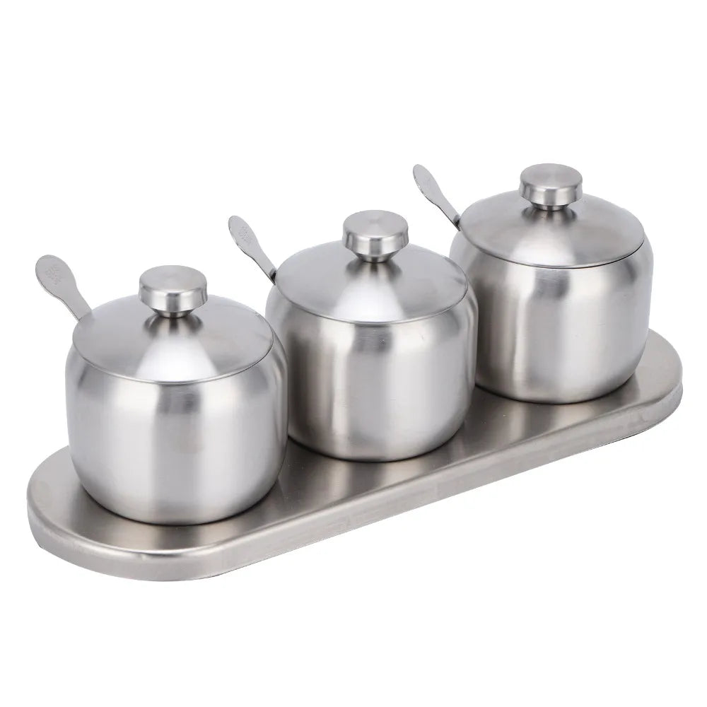 304 Stainless Steel Seasoning Pot Set with Lid & Spoons 300ml