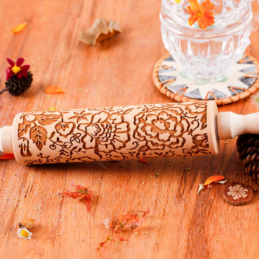 Wooden Embossed Rolling Pin Sunflower Pattern – Baking Cookie Stamp