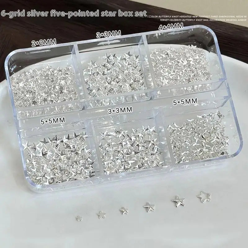 6-Grid Nail Art Rhinestones Gold Silver Charms Rivet Kit