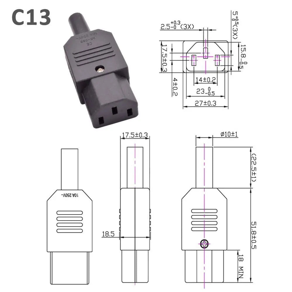 C13 C14 Rewirable AC Power Connector 3-Pin 10A 250V Plug Socket