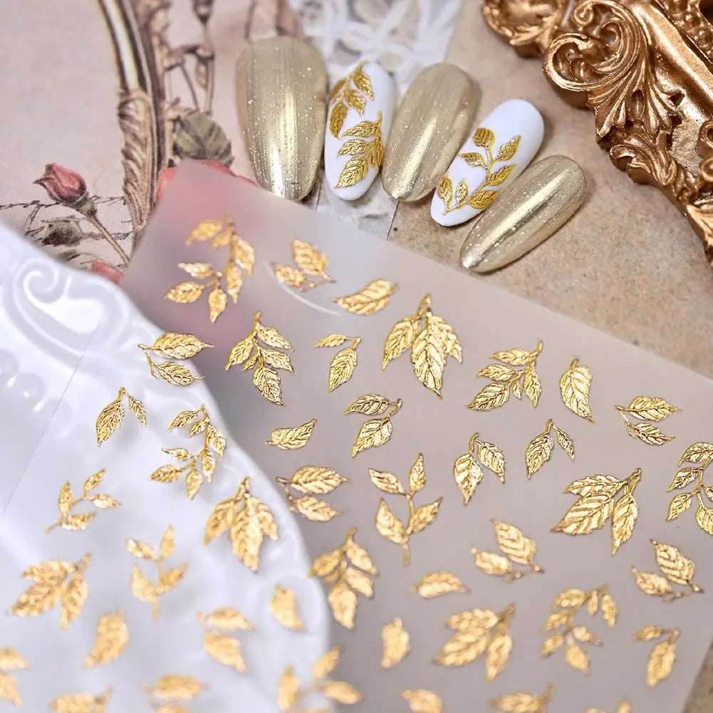 Gold Silver Leaf Nail Stickers – 3D Embossed Self-Adhesive Decals