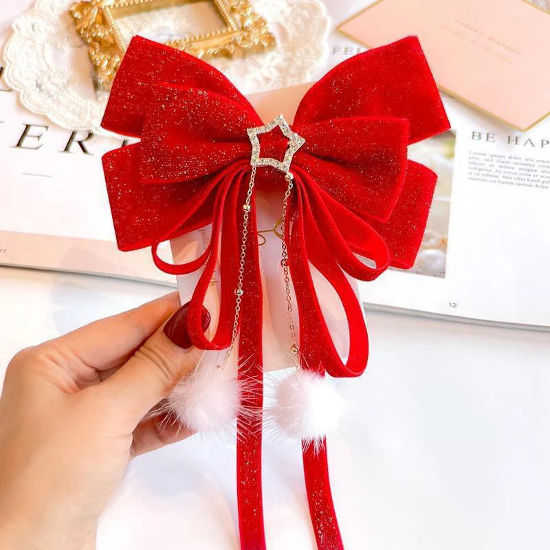 Red Velvet Gold Bow Hair Clip – Christmas Barrette for Girls