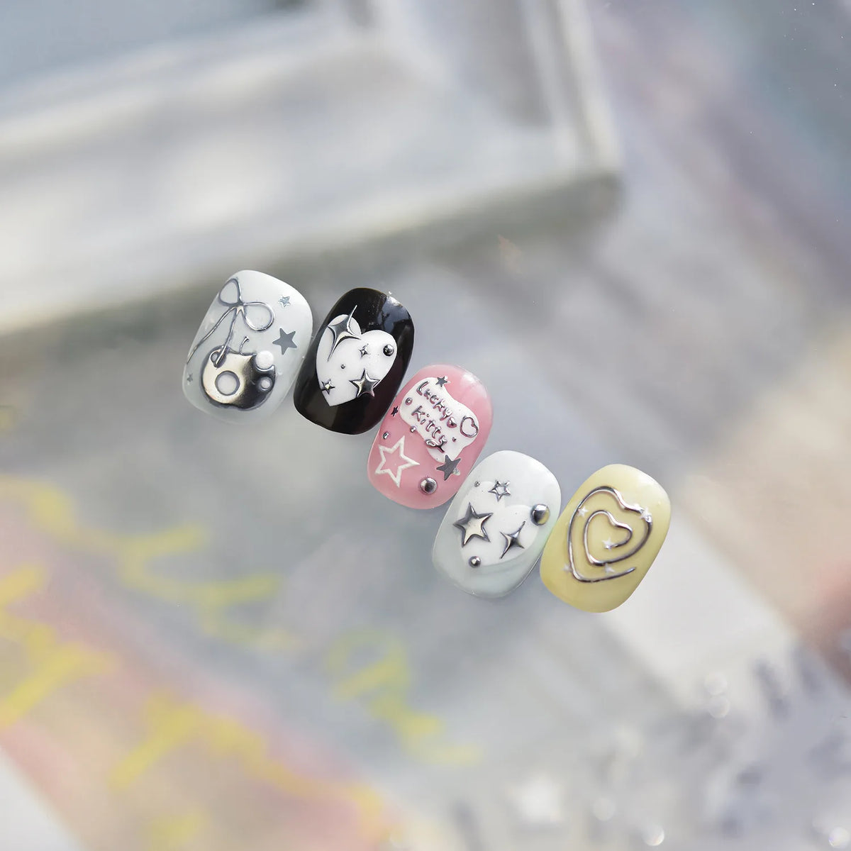 5D Embossed Silver Metallic Nail Art Stickers – Stars & Bows