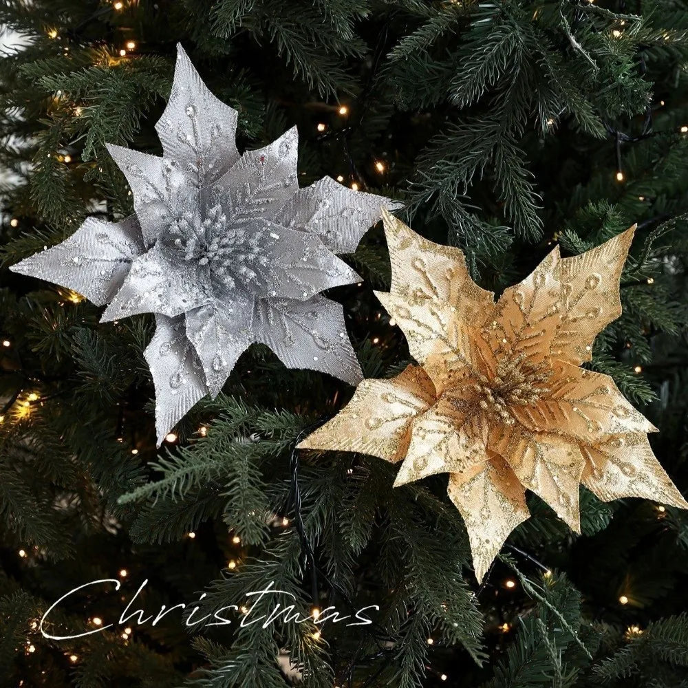 29cm Glitter Poinsettia Artificial Christmas Flower – Gold & Red