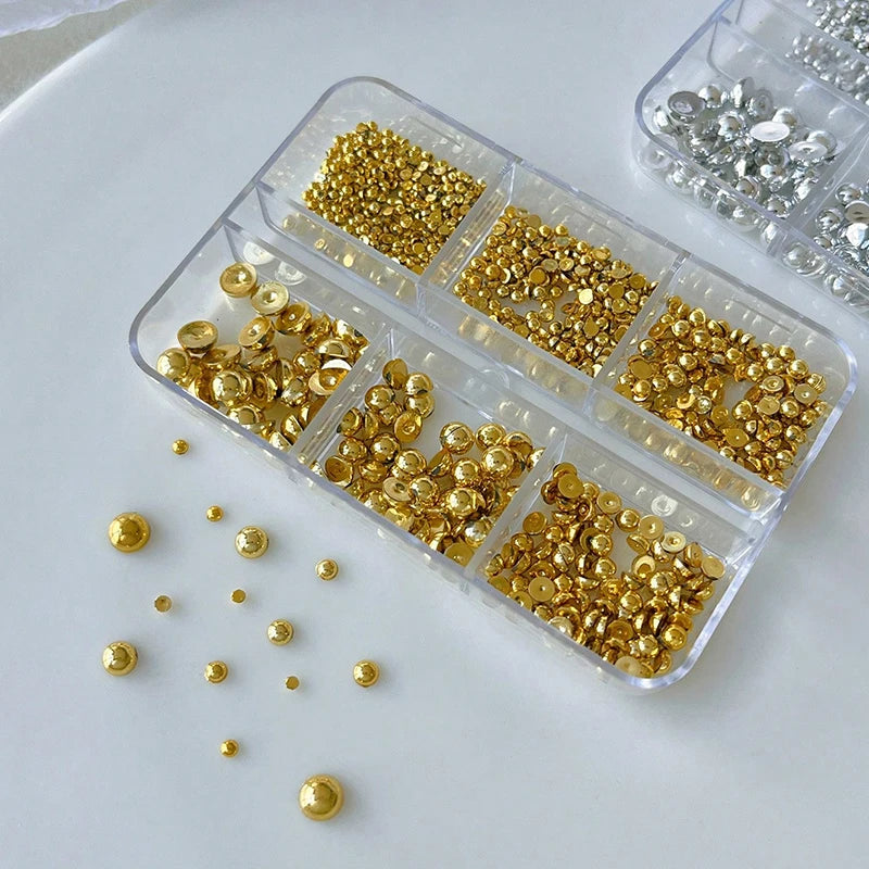 3D Gold & Silver Half Round Nail Art Studs – 6-Grid Box