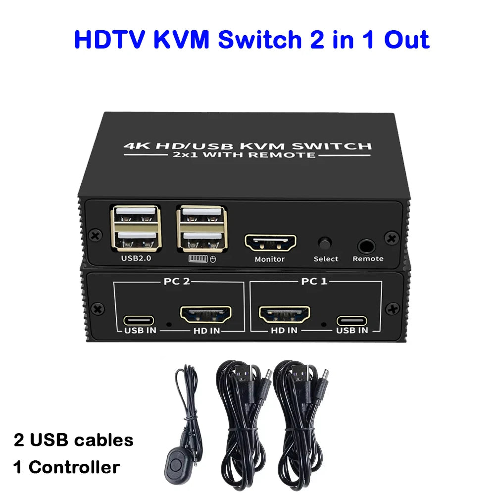 2-Port 4K HDMI KVM Switch 2x1 USB 2.0 Desktop Controller