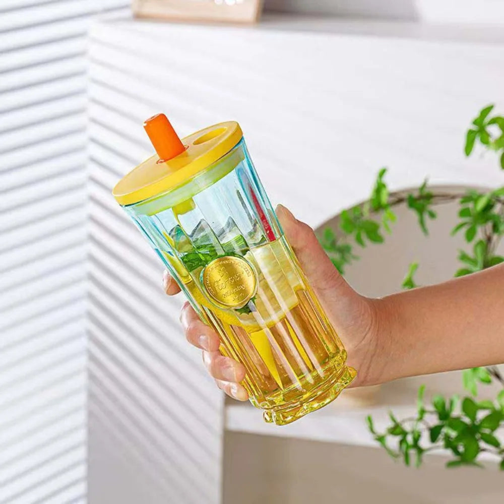 500ml Gradient Glass Cup with Lid & Straw | Slender Waist Design