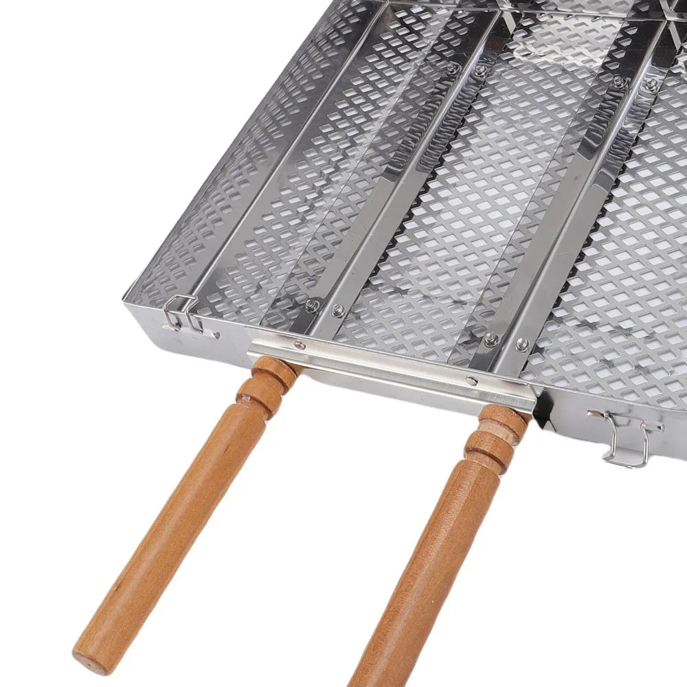 Stainless Steel BBQ Grill Basket with Dividers & Wood Handles