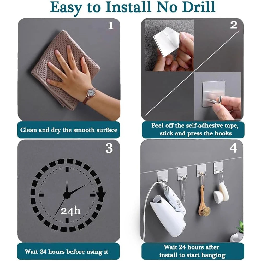 Stainless Steel Self-Adhesive Wall Hooks – Bathroom & Kitchen
