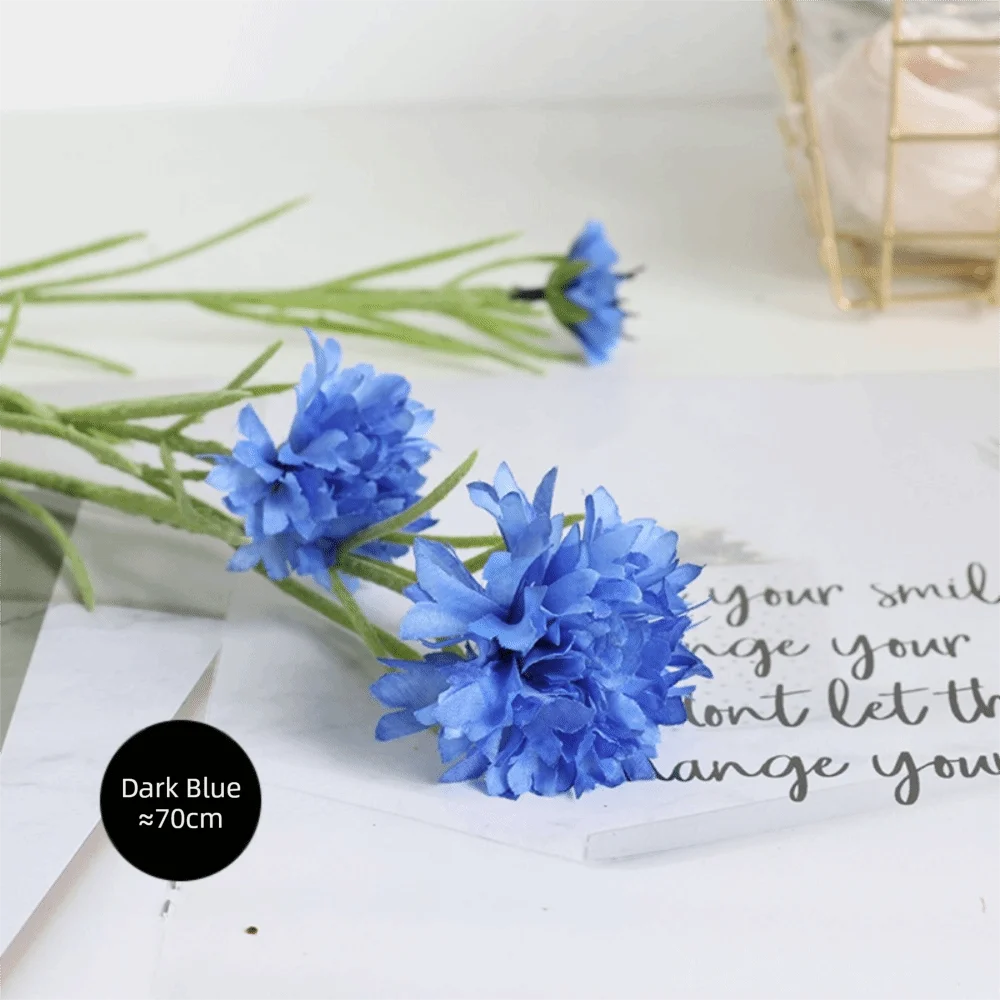Silk Cornflower Artificial Bouquet 3 Forks Long Stem Blue