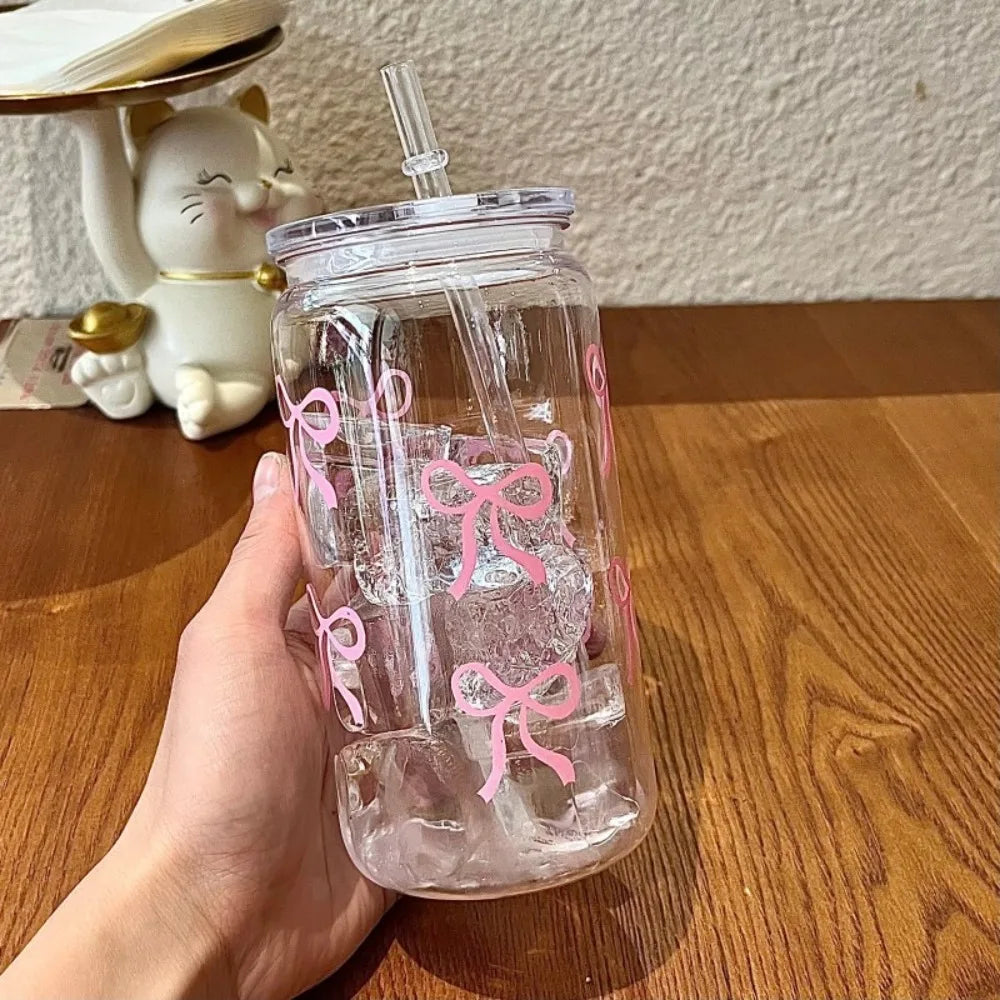 500ml Plastic Cup with Lid & Straw – Bowknot Pattern | VIBE