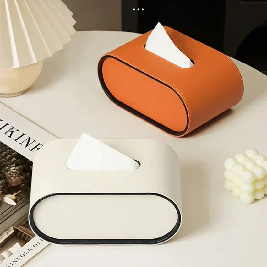 Luxury Oval Leather Tissue Box Cover – Modern Desktop Holder