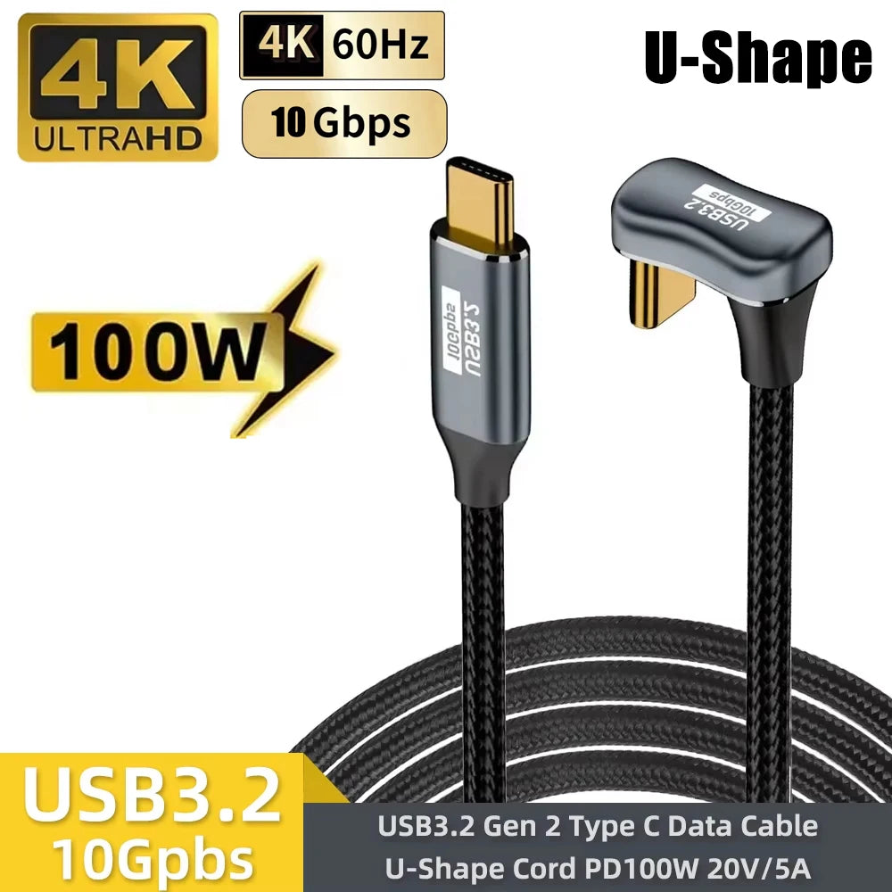 100W U-Shape USB-C Cable 10Gbps 5A Fast Charge 4K@60Hz