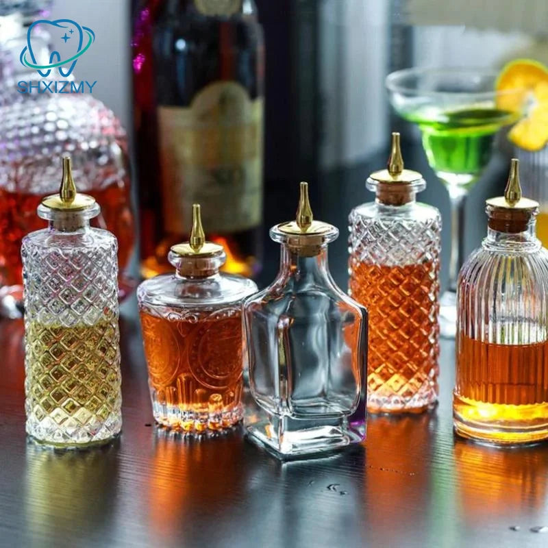 Vintage Embossed Glass Bitters Bottle with Stopper & Pour Spout