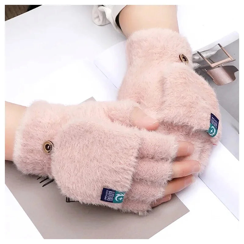 Plush Fingerless Flip Mittens – Warm Knit Winter Gloves