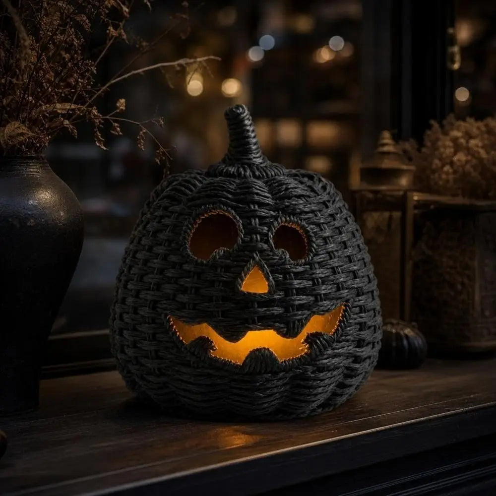 Halloween Woven Seagrass Pumpkin Basket | Witch Hat & LED