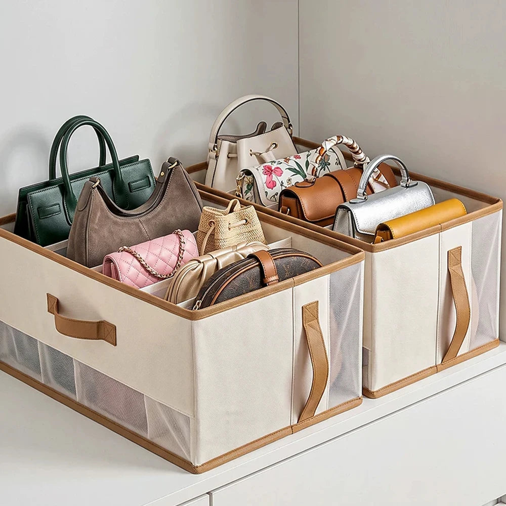 Foldable Handbag Purse Storage Box with Handles – Wardrobe Organizer