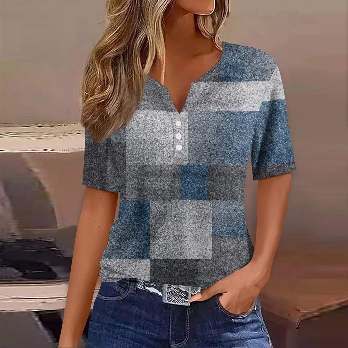 Women's Patchwork V-Neck T-Shirt Short Sleeve Casual Top S–XXXL