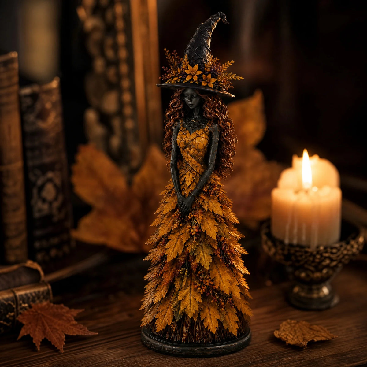 Autumn Witch Figurine Set – Fall Harvest Resin Statue Decor