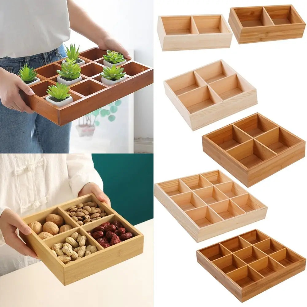 Wood Multi-Grid Desktop Organizer & Succulent Flowerpot Tray