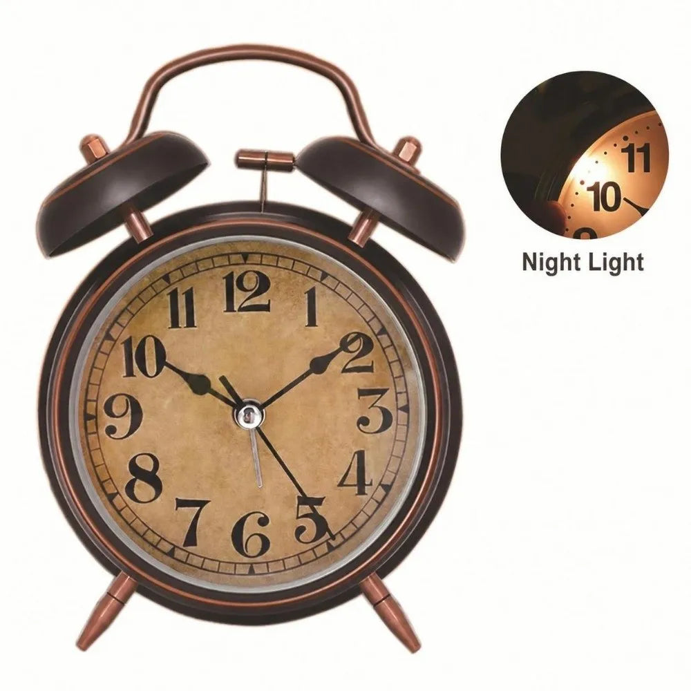 4-Inch Retro Alarm Clock Black & Gold | Night Light & Silent
