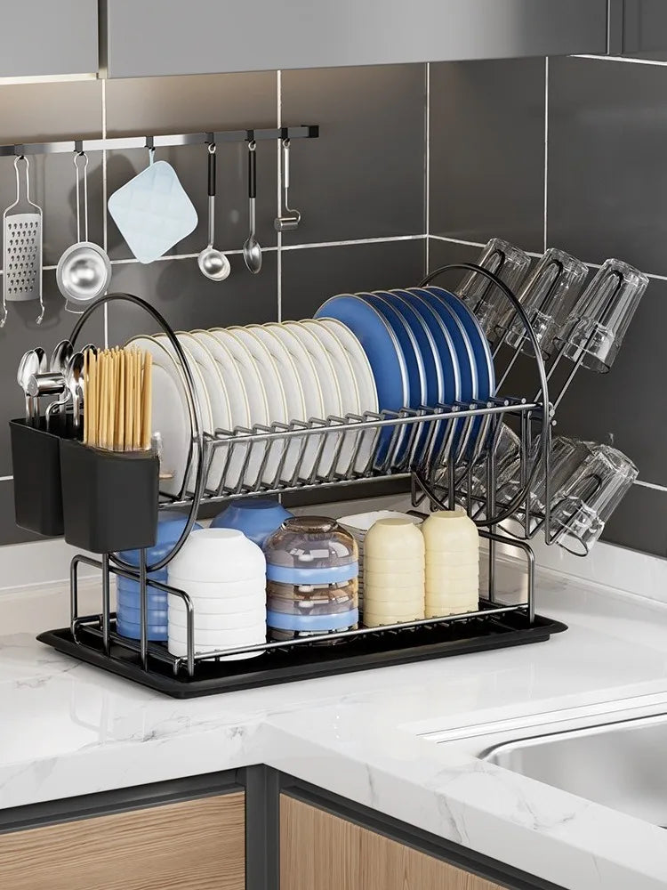 2-Tier Dish Drying Rack with Drain Board & Utensil Holder