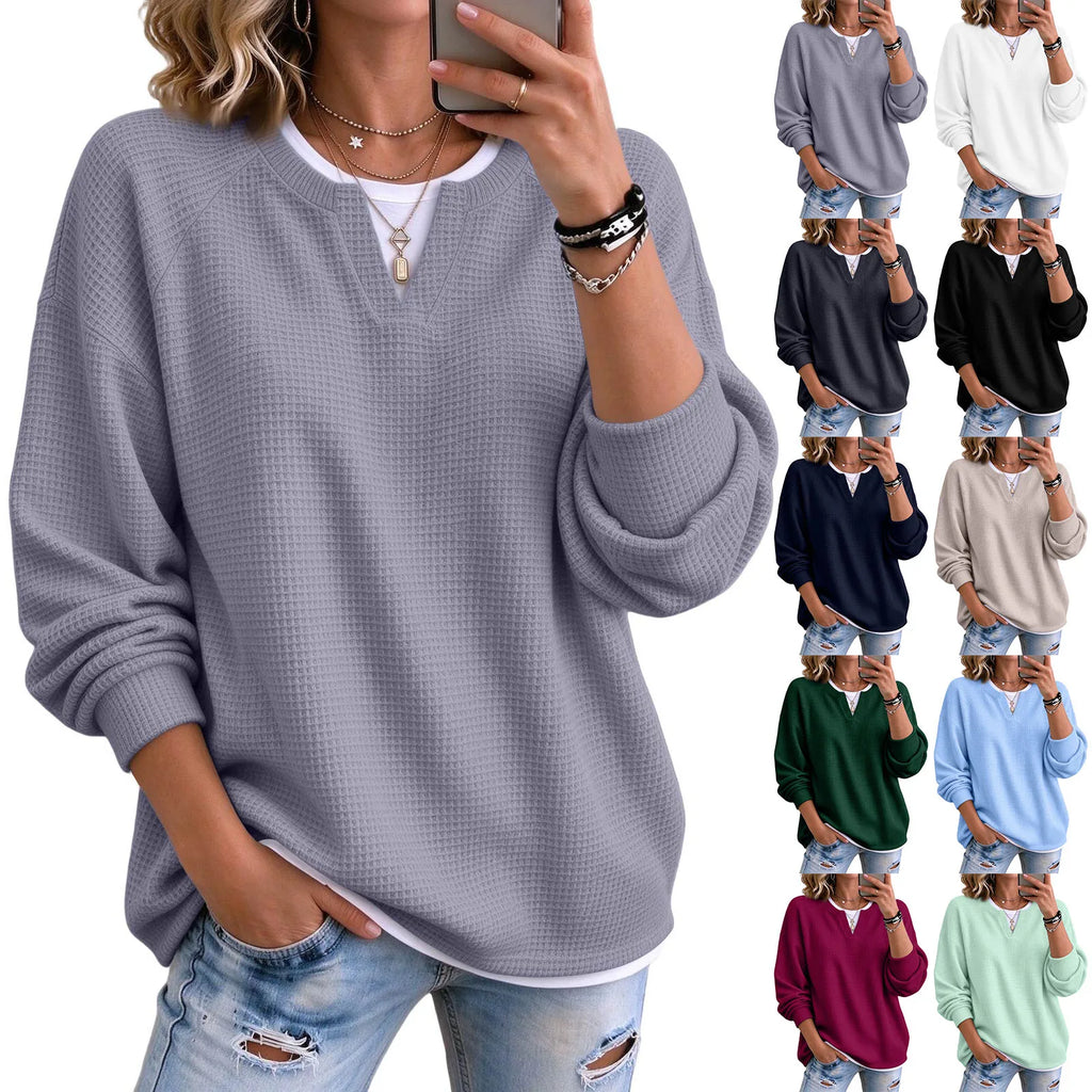 Women's Waffle Knit V-Neck Long Sleeve Pullover Top
