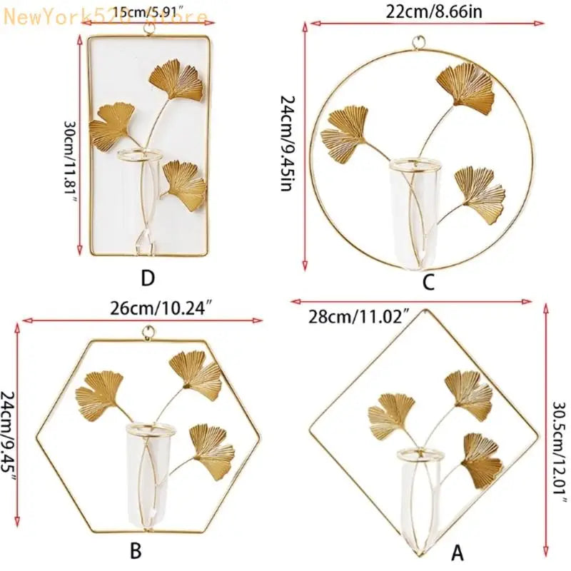 Wall Hanging Geometric Glass Vase with Gold Metal Frame Planter