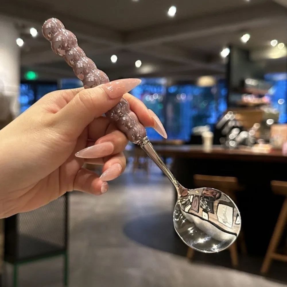 Pearl Handle Dessert Spoon – Long Stirring Spoon, 5 Colors