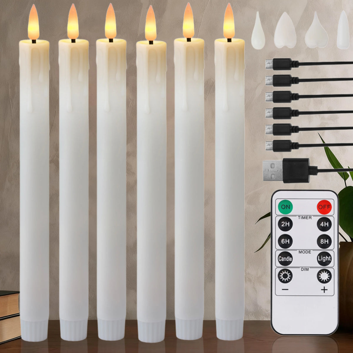 Rechargeable Flameless LED Taper Candles – Timer & Remote, 6-Pack