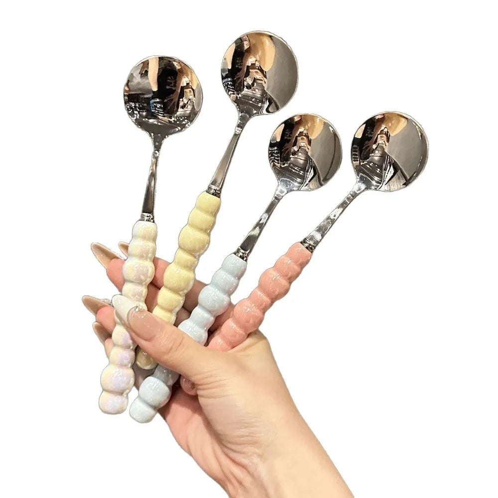 Pearl Handle Dessert Spoon – Long Stirring Spoon, 5 Colors