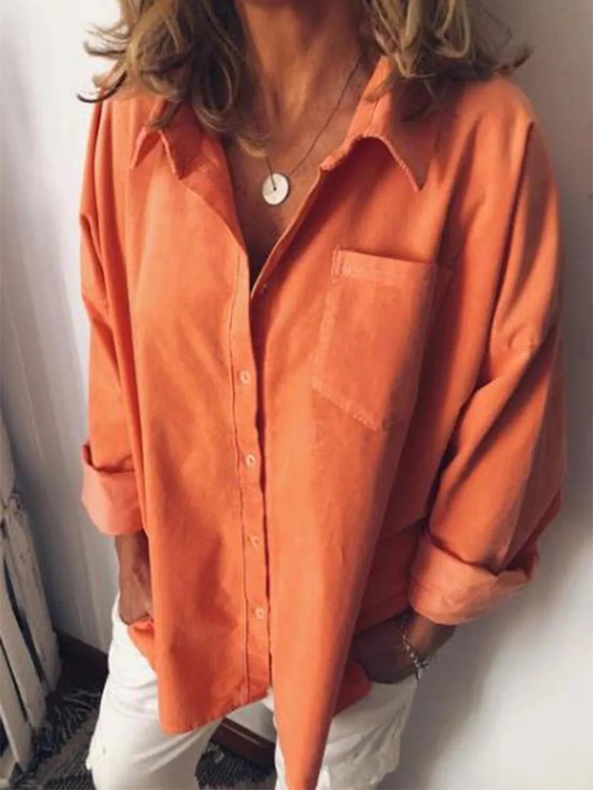 Women's Loose Long Sleeve Button Blouse with Pocket