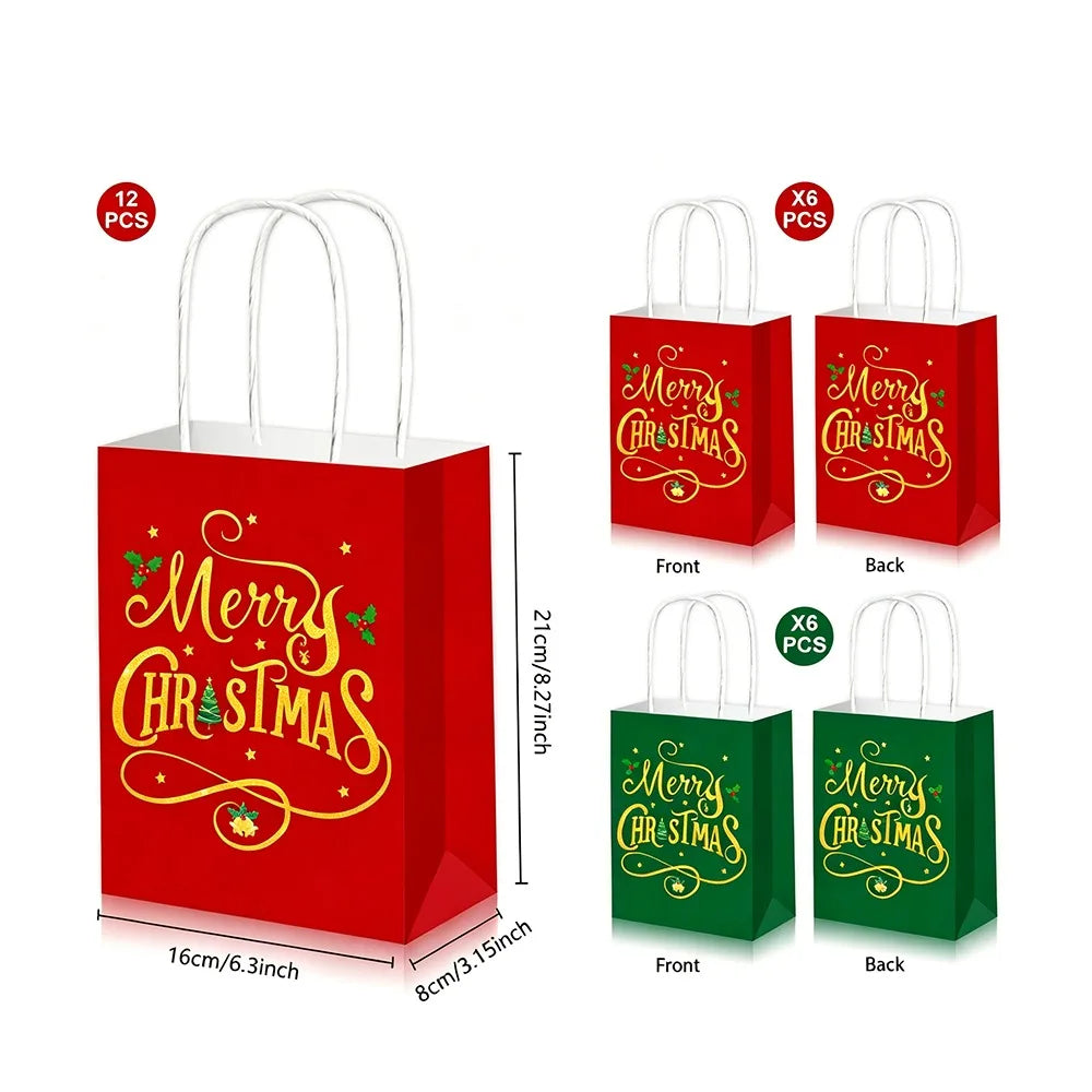 12-Pack Christmas Kraft Paper Gift Bags with Handles – Santa