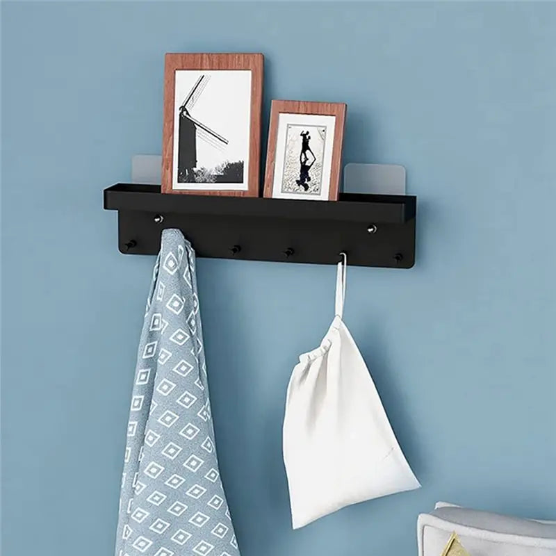 Wall-Mounted Key Rack with Shelf & 6 Hooks – Black Steel