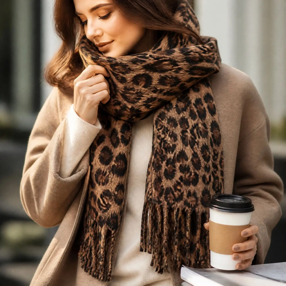 Women's Leopard Print Faux Cashmere Oversized Scarf & Shawl