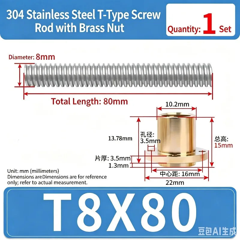 T8 Lead Screw & Brass Nut 304 Stainless Steel – 2/4/8mm