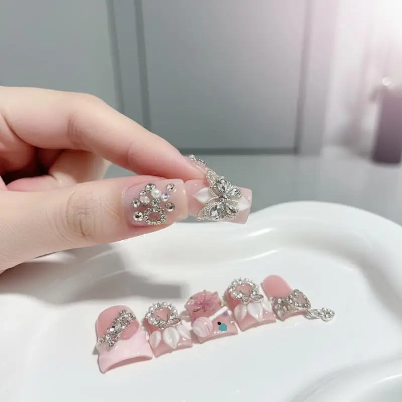 10Pcs French Tip Press-On Nails 3D Butterfly Duck Bill Short False Nails