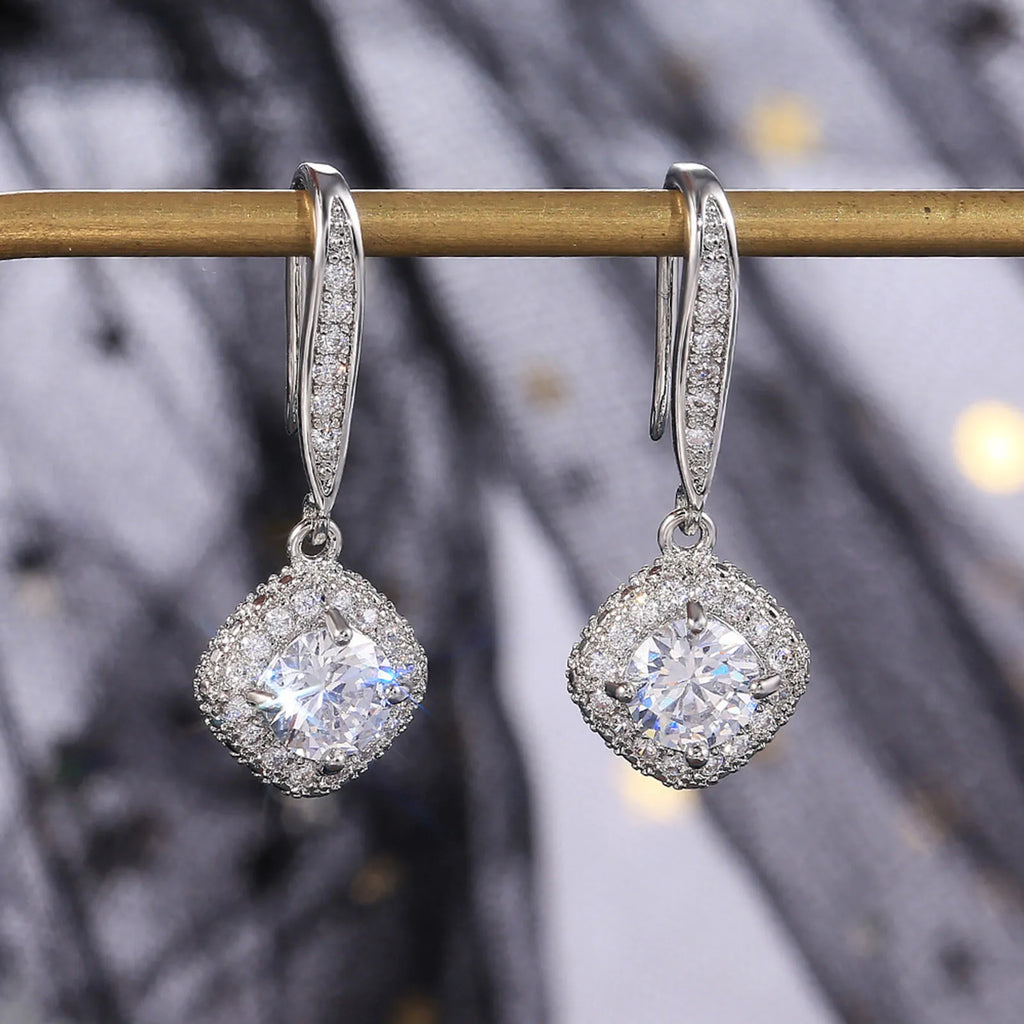 Square Zirconia Crystal Drop Earrings – Silver Bridal Dangle