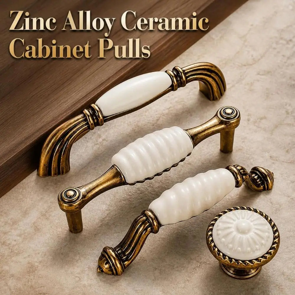 Zinc Alloy Ceramic Cabinet Pulls – Antique Gold Drawer Handles